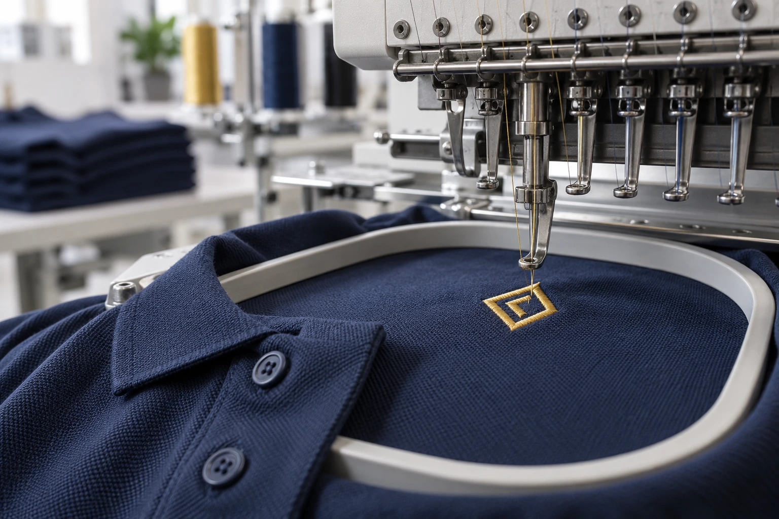 Gold thread being stitched into a navy polo in an embroidery hoop