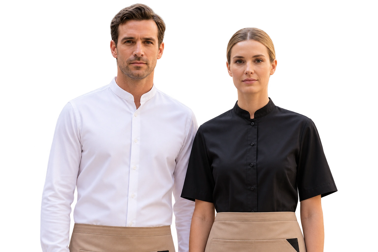 Male and female models in hospitality uniforms, framed to the waist