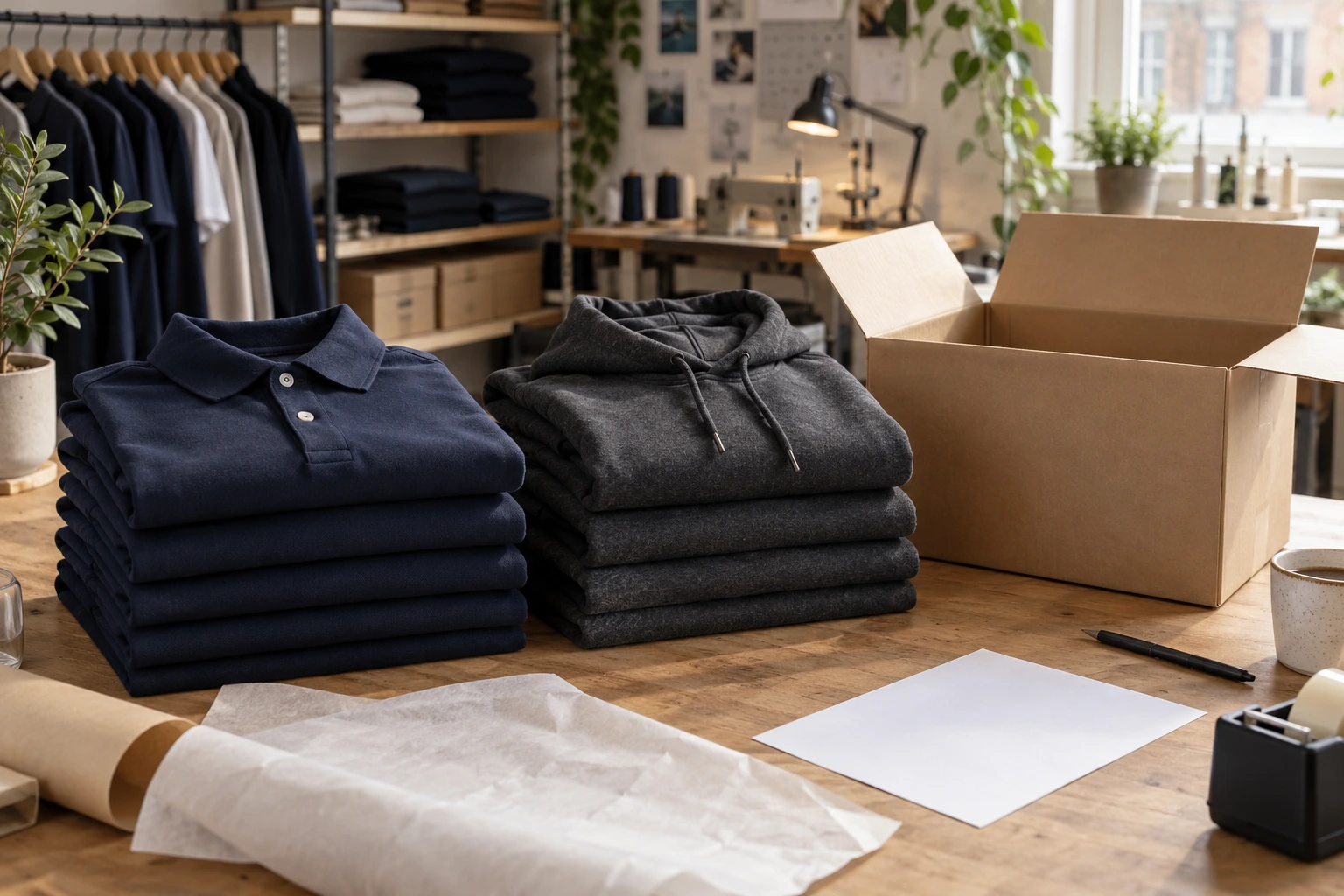 Folded polos and hoodies ready to pack in a kraft delivery carton