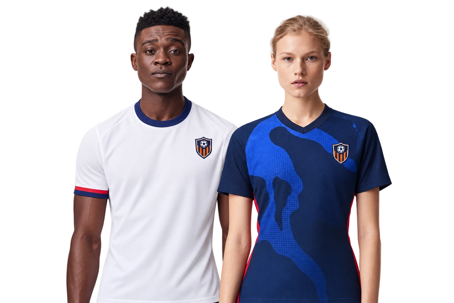 Male and female sportswear models with embroidered club crests, framed to the waist