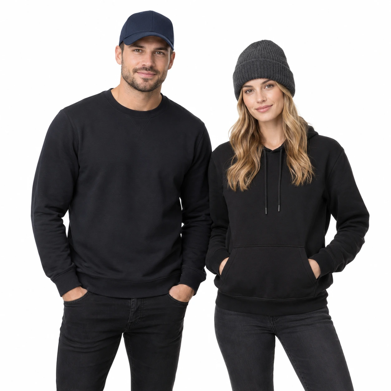Male model wearing a cap and female model wearing a beanie