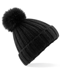 Verbier fur pop pom chunky beanie Black