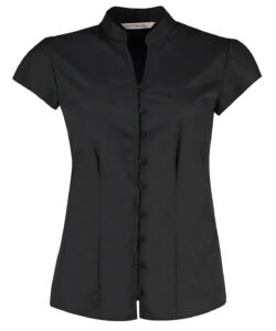 Women's continental blouse mandarin collar cap sleeve (tailored fit) Black