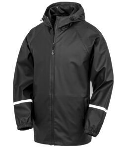 Prism PU waterproof jacket with reflective bands and recycled backing Black